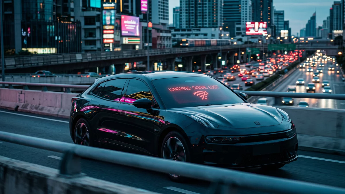 Interior point-of-view of an electric vehicle dashboard showing a glowing screen at night